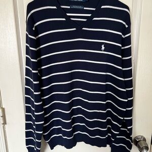Ralph Lauren Men's V-Neck Sweater in Navy and White 100% Pima Cotton